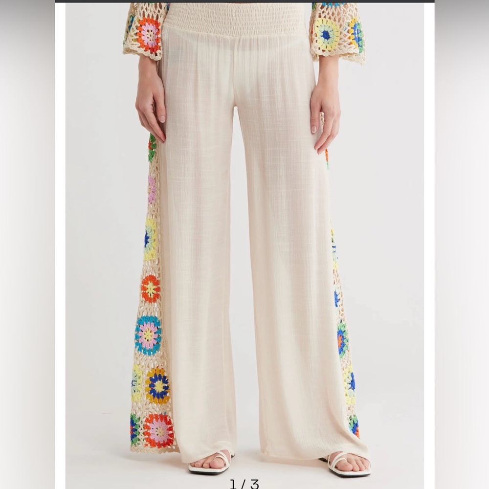 Elan Cream Wide Leg Pants with Colorful Crochet Accents